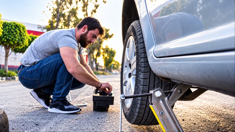 Man changing a car tire using a jack on the roadside
