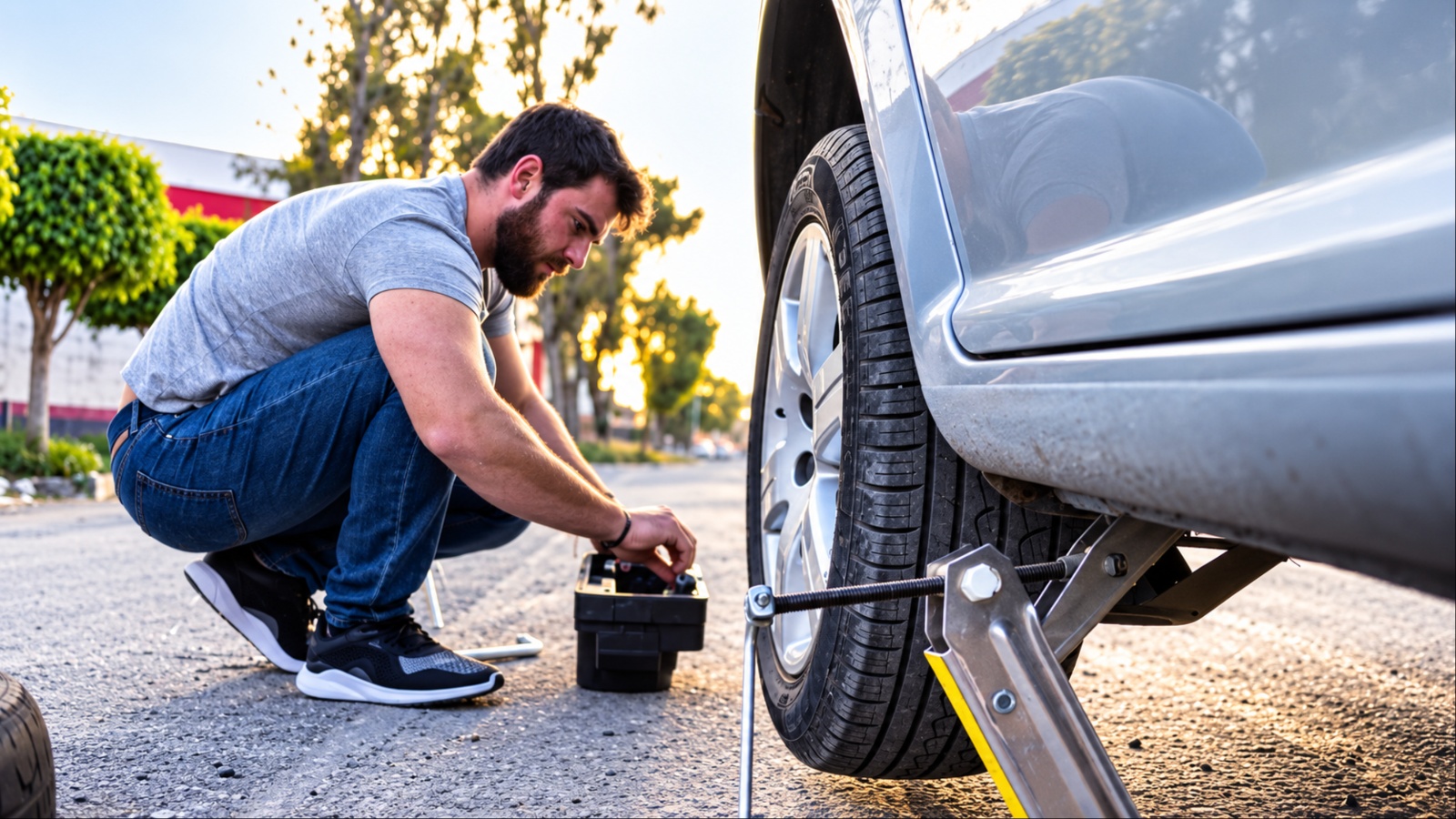 Man changing a car tire using a jack on the roadside