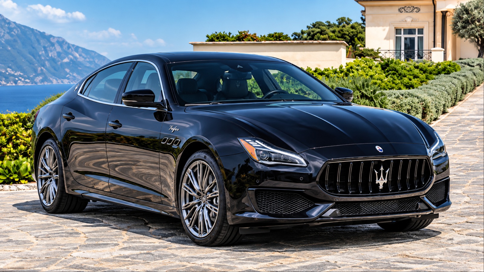 A Maserati Quattroporte sits elegantly outside a luxurious hillside residence