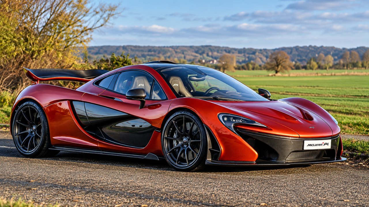 McLaren supercar parked on a quiet country road beside open fields