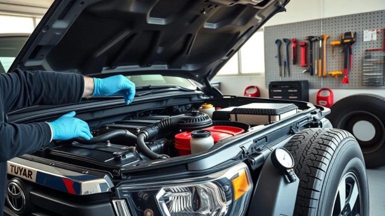 Mechanic inspecting a Toyota engine during routine maintenance inside a professional workshop
