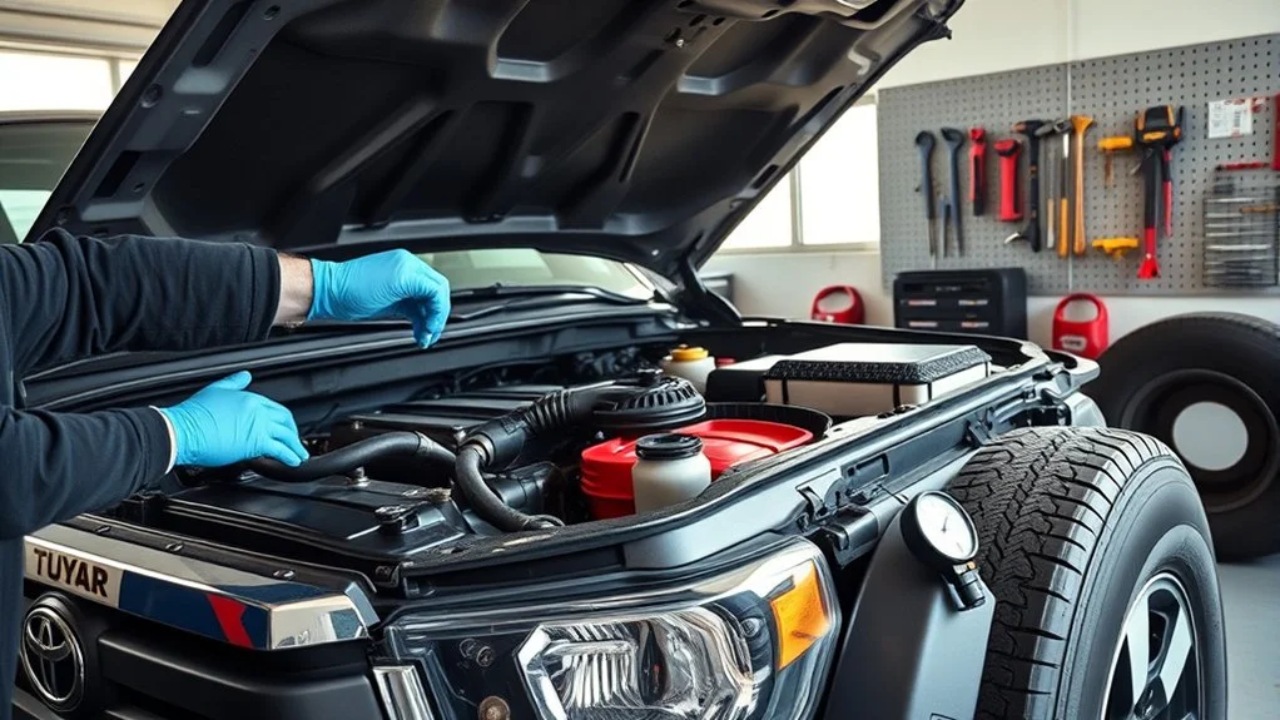 Mechanic inspecting a Toyota engine during routine maintenance inside a professional workshop