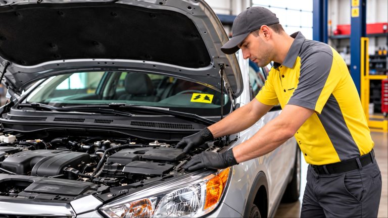 Mechanic inspecting a vehicle’s engine during a state inspection