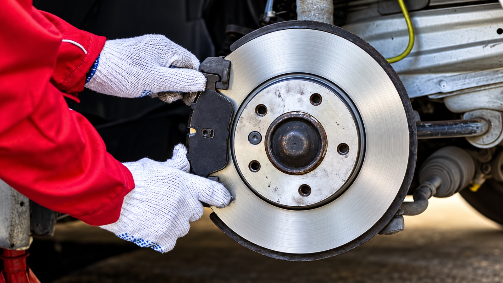 Mechanic replacing worn brake pads on a vehicle’s brake rotor