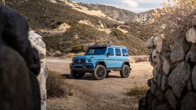 A AMG G63 is standing on a hilly terrain