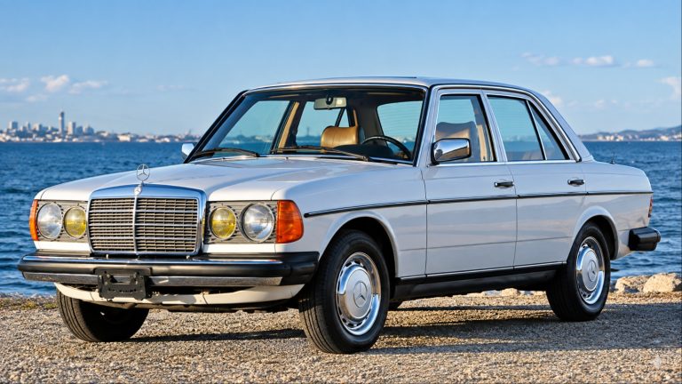 Mercedes-Benz 240D sedan parked beside a scenic waterfront
