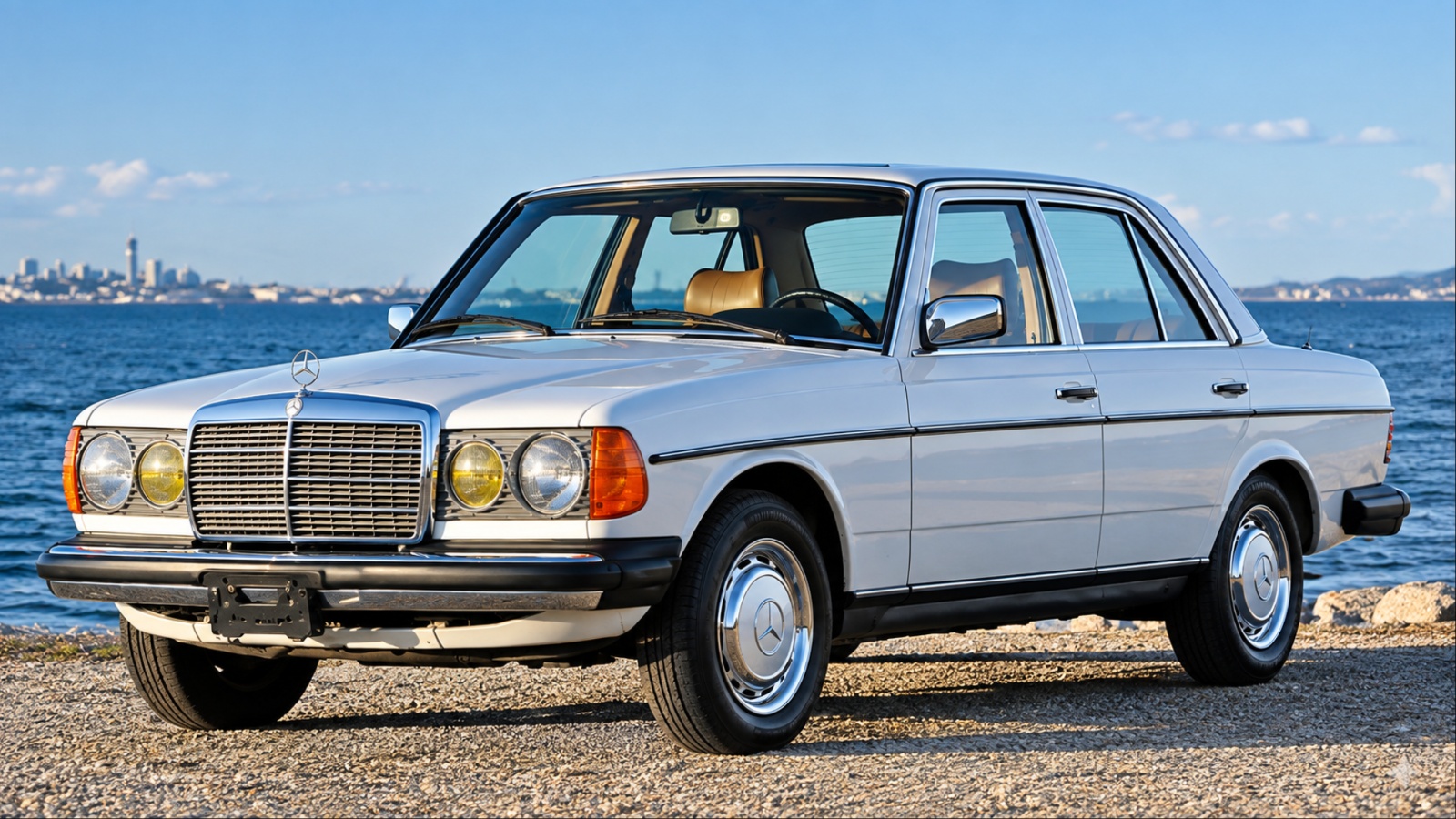 Mercedes-Benz 240D sedan parked beside a scenic waterfront