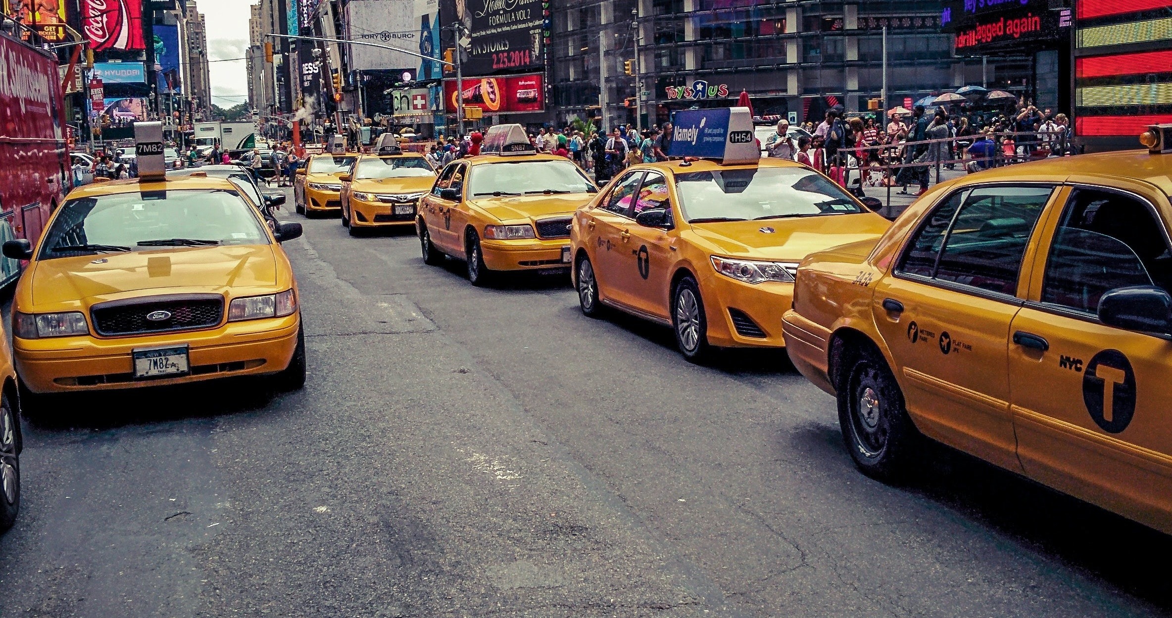 New York City lined with yellow taxis