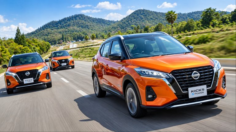 Nissan Kicks e-POWER hybrid SUVs driving together on a scenic mountain road