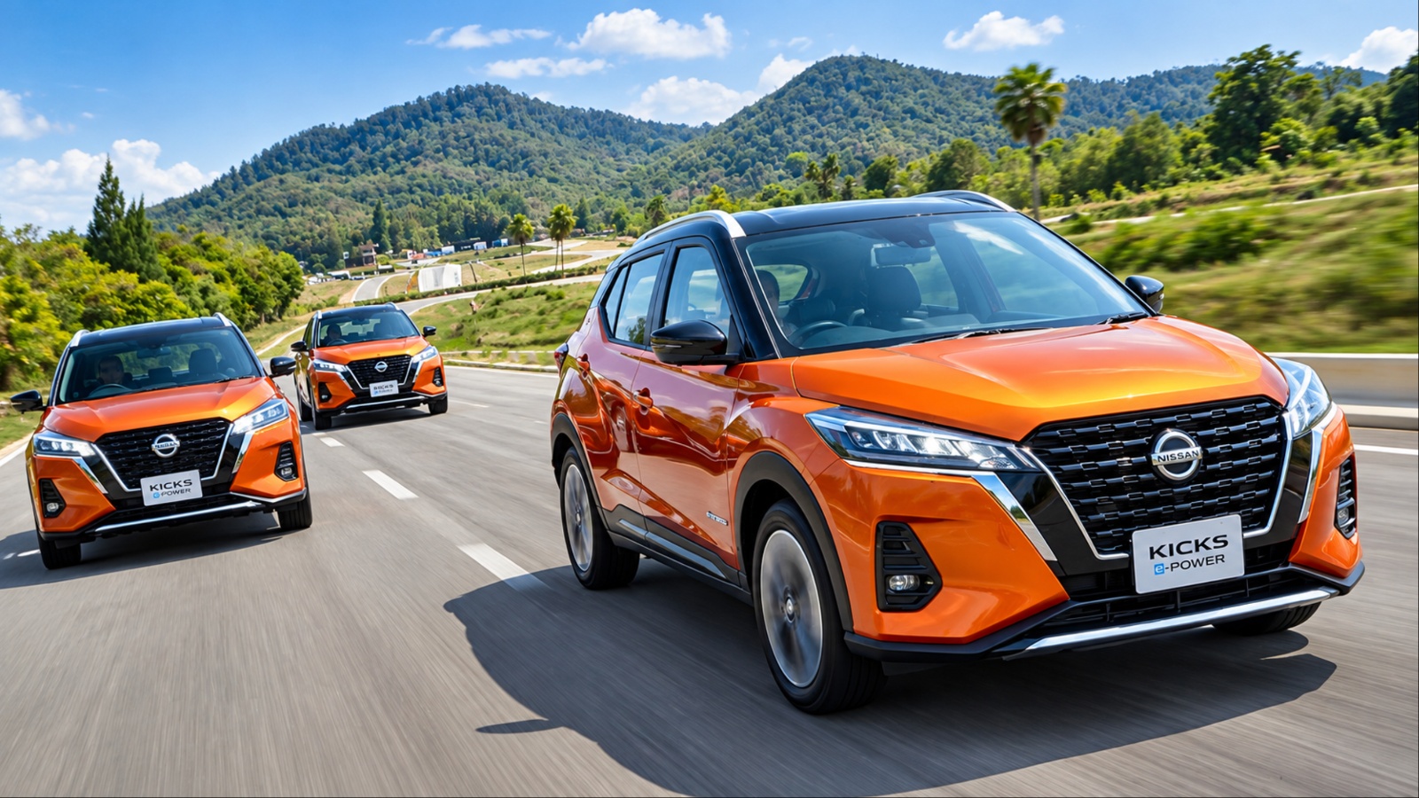 Nissan Kicks e-POWER hybrid SUVs driving together on a scenic mountain road