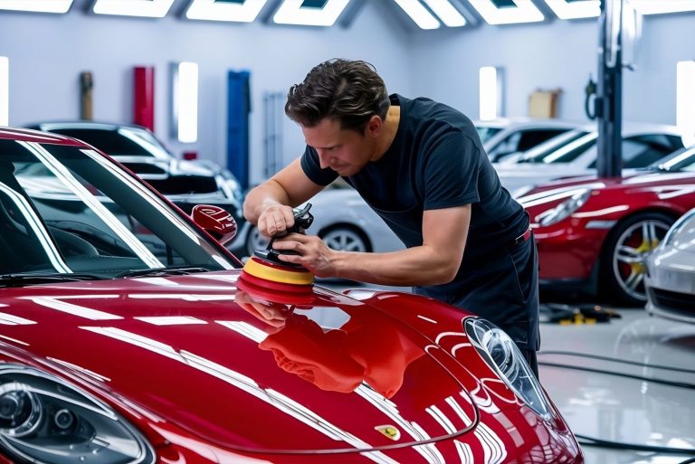 Polishing the glossy red hood of a Porsche 911