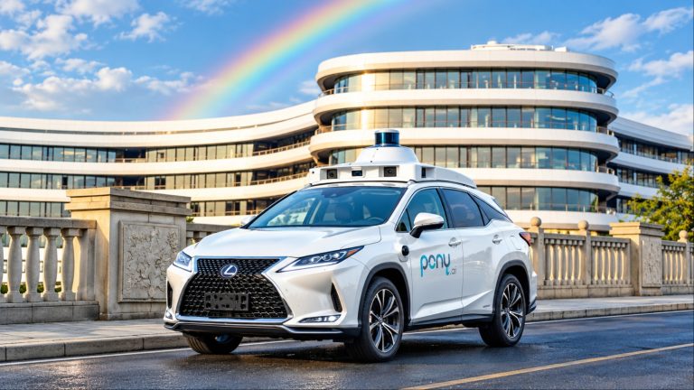 Pony.ai autonomous Lexus SUV driving through a city with a modern building and rainbow backdrop