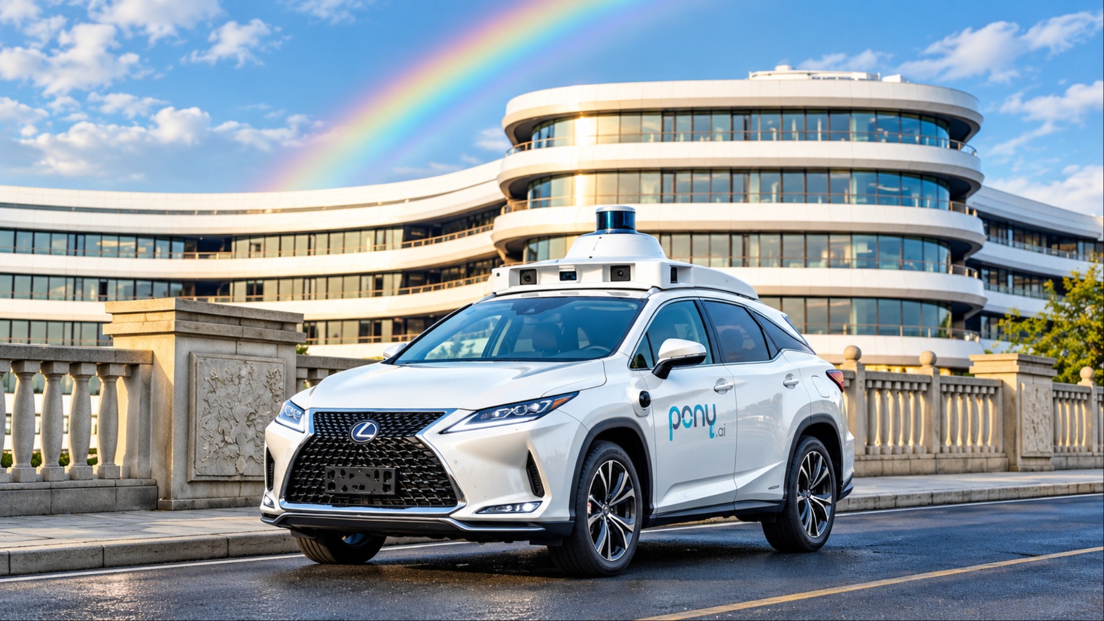 Pony.ai autonomous Lexus SUV driving through a city with a modern building and rainbow backdrop
