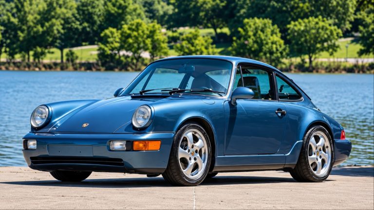 Porsche 911 Carrera (996) parked beside a lake with trees in background