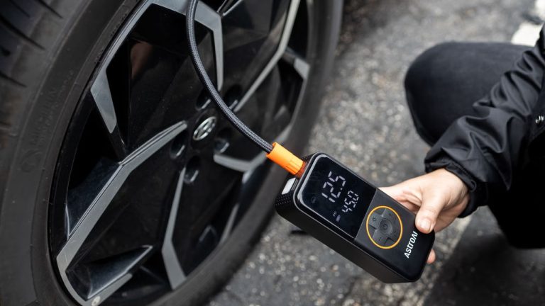Portable tire inflator checking and displaying a vehicle’s tire pressure
