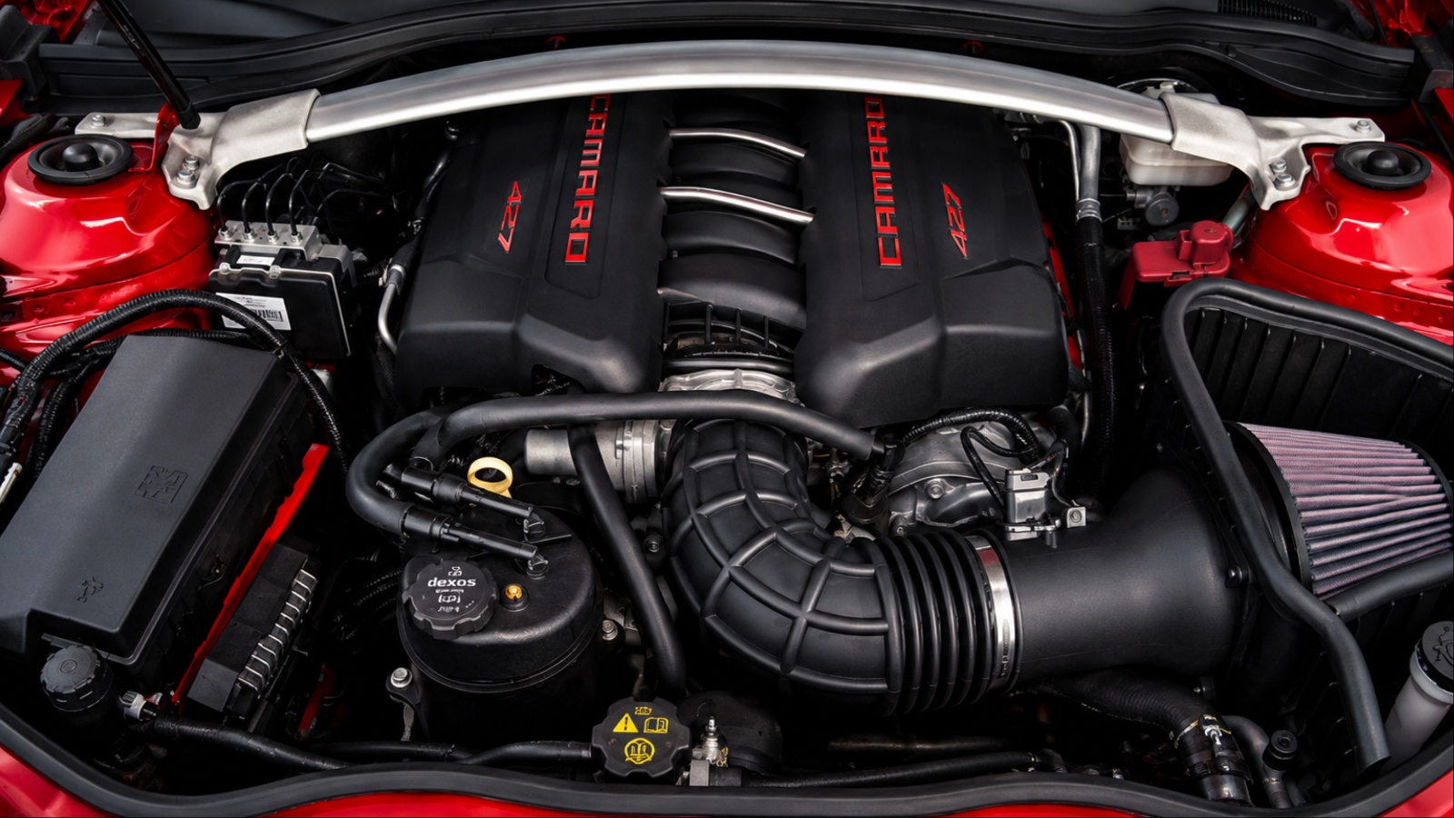 Red Chevrolet Camaro 427 V8 engine bay with cold-air intake