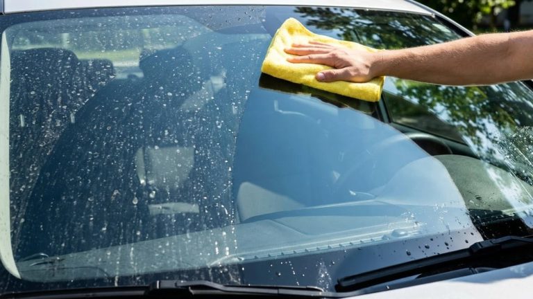 Removing water spots from car windows with a microfiber cloth