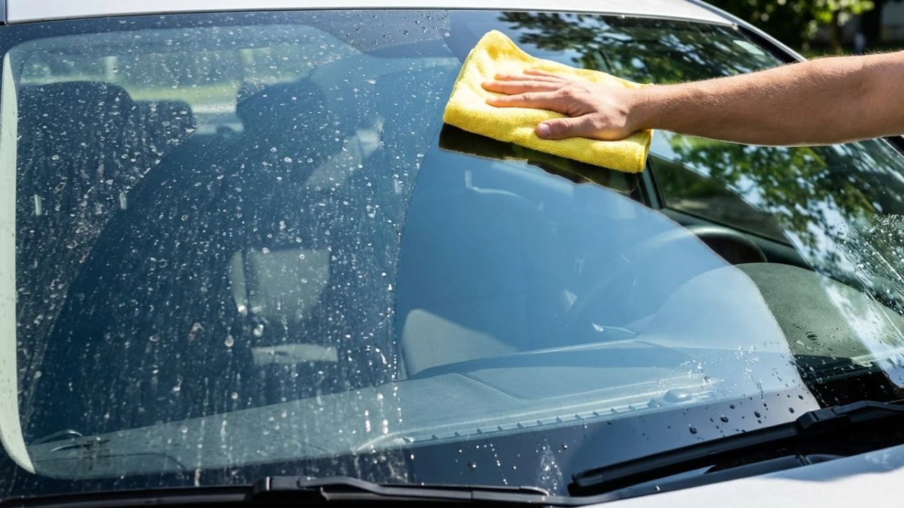 Removing water spots from car windows with a microfiber cloth
