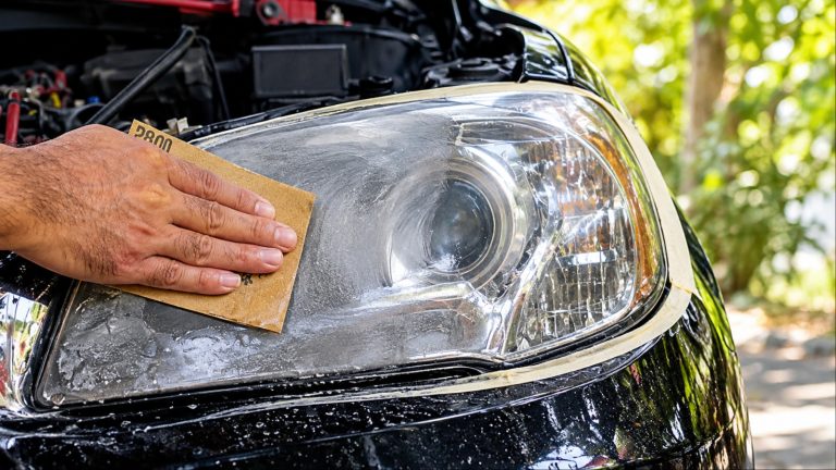 Restoring a cloudy headlight by wet-sanding its oxidized surface for clarity