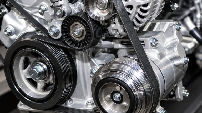 Serpentine belt routing around the crankshaft, alternator, tensioner, and accessory pulleys