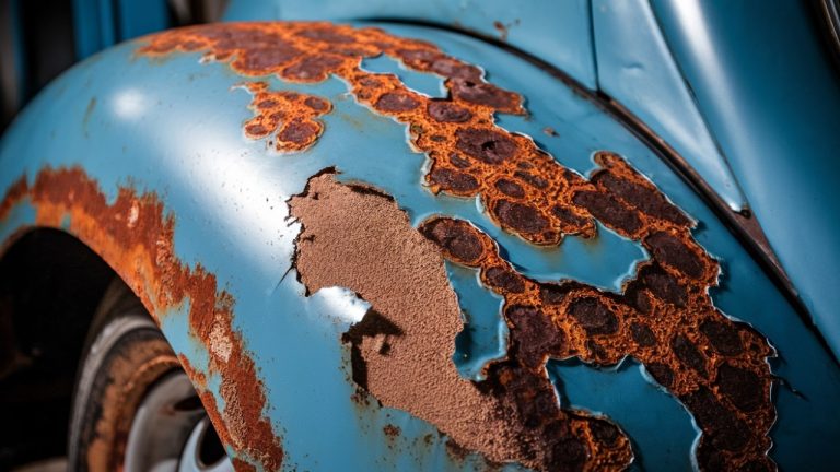 Severely rusted vehicle bodywork showing extensive corrosion damage
