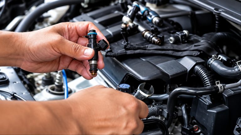 Mechanic holding a fuel injector above a car engine bay