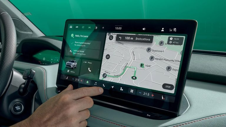 Škoda Elroq interior featuring a large touchscreen with navigation and connected vehicle controls