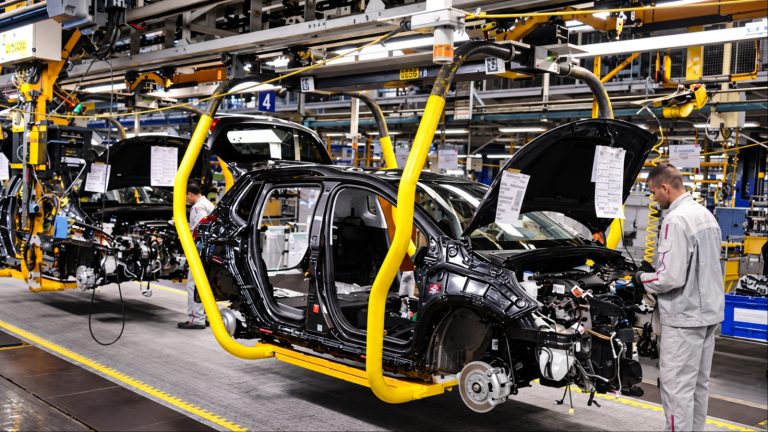 Stellantis EV Production Mulhouse assembly line with workers building vehicles in factory