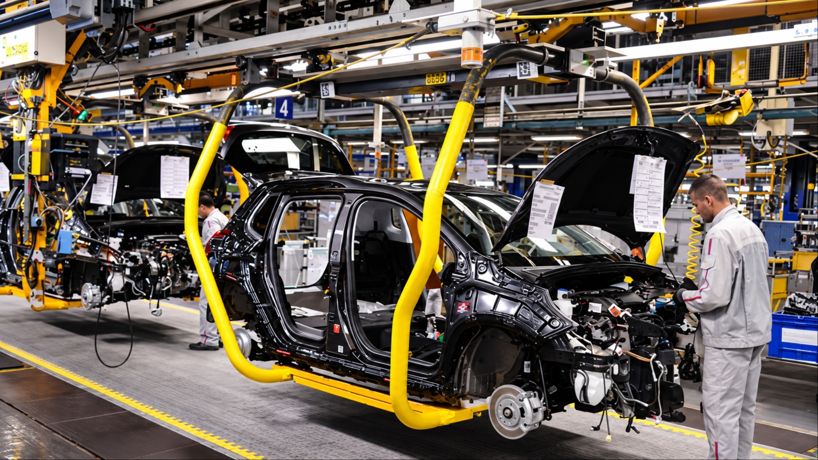 Stellantis EV Production Mulhouse assembly line with workers building vehicles in factory