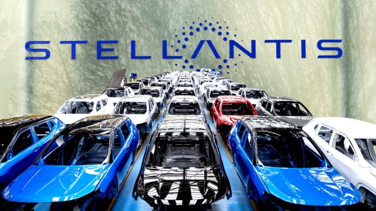 Stellantis vehicle production line showcasing unfinished vehicle bodies in multiple colors