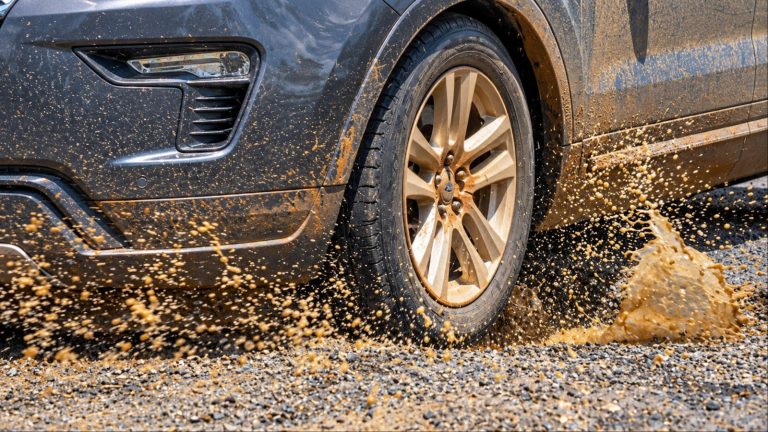 SUV wheel splashing through a muddy pothole during rough-road driving