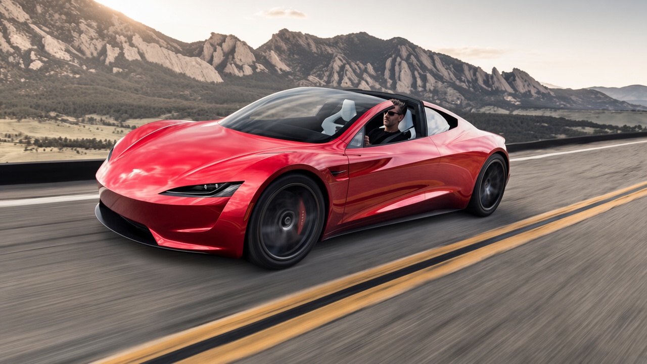 Tesla Roadster speeding along a scenic mountain highway