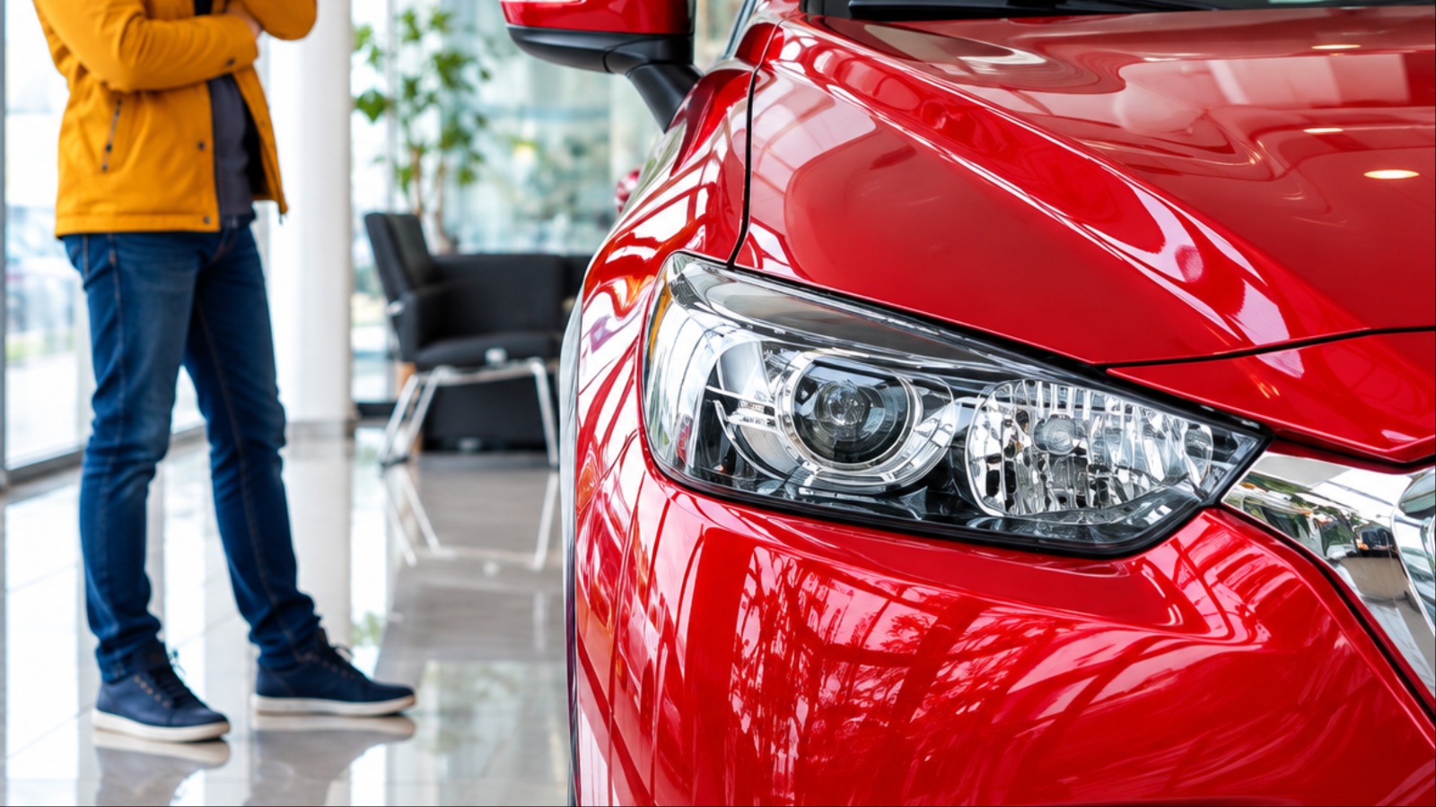 Closeup of glossy red car headlight in modern dealership showroom