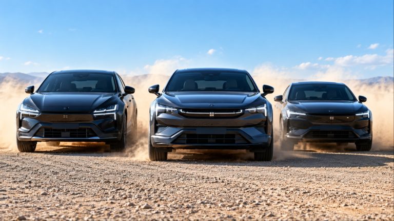 Three Polestar electric cars drive together through a dusty desert landscape