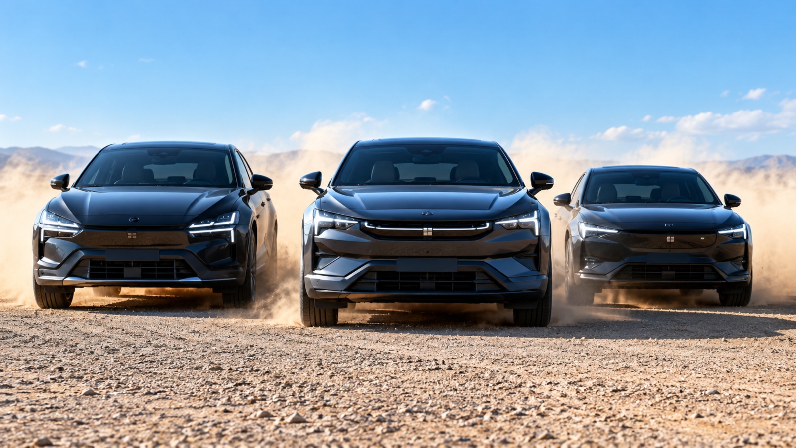 Three Polestar electric cars drive together through a dusty desert landscape