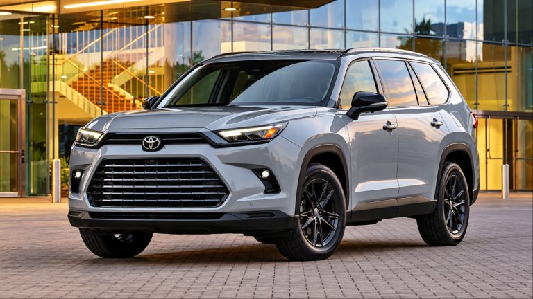 Silver Toyota Highlander SUV parked in front of modern glass building