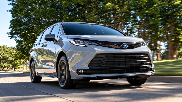 A Toyota Sienna is cruising on a highway on high speeds