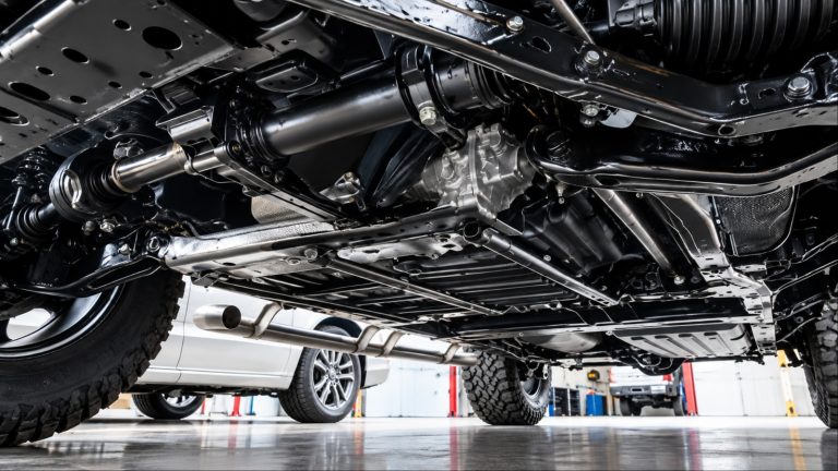 Underside of off-road vehicle showing chassis differential and exhaust system