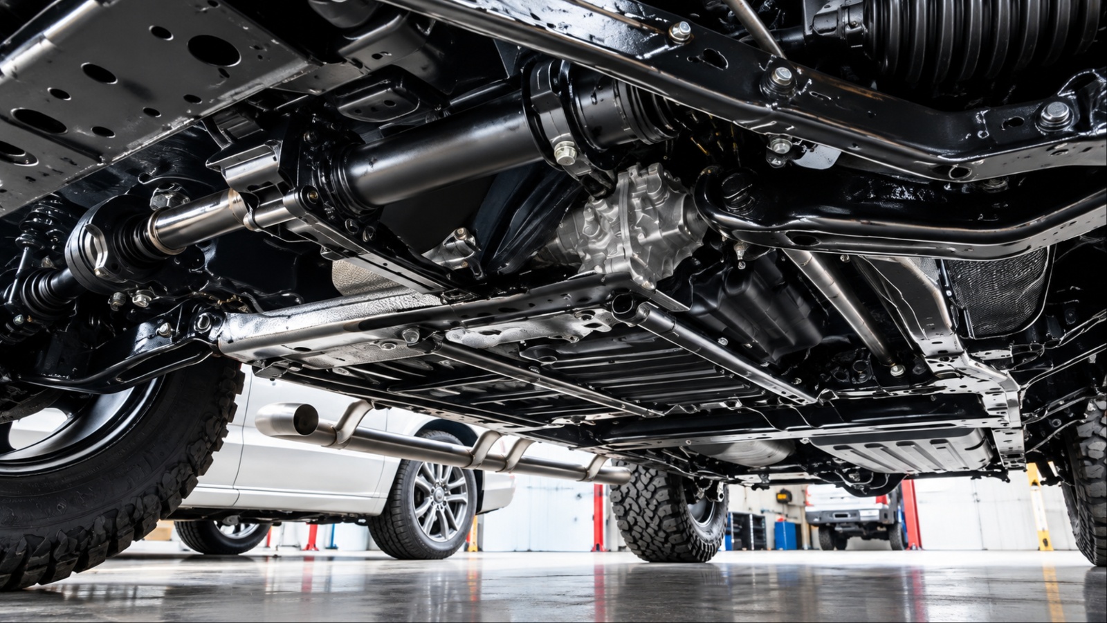 Underside of off-road vehicle showing chassis differential and exhaust system