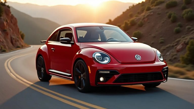 Volkswagen Beetle driving through a winding mountain road at sunset