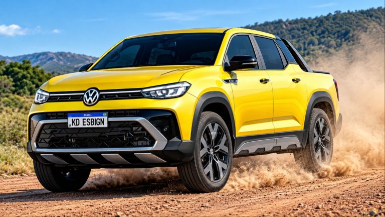 Yellow Volkswagen pickup racing across a dusty trail with mountains behind