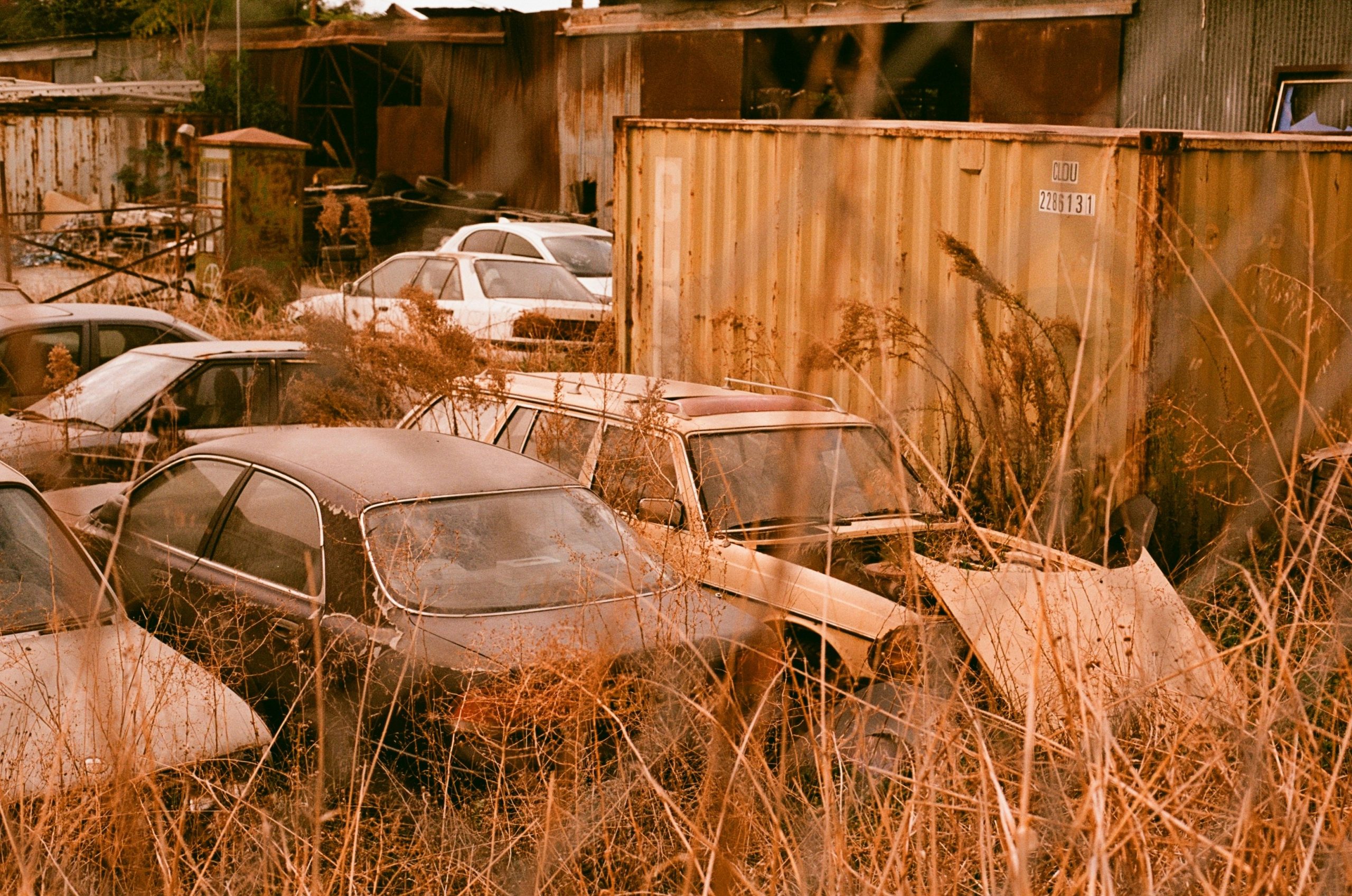 Many cars standing in a scrapyard