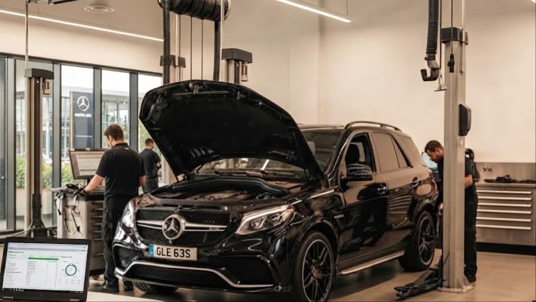 Luxury SUV undergoing dealership maintenance