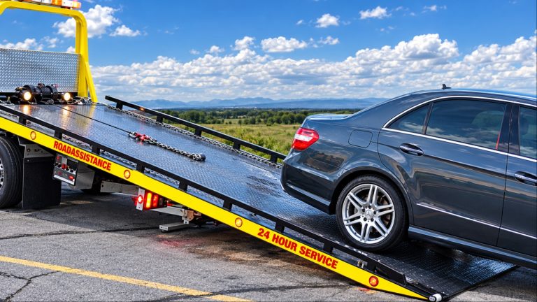 Gray car on yellow tow truck ramp with blue sky