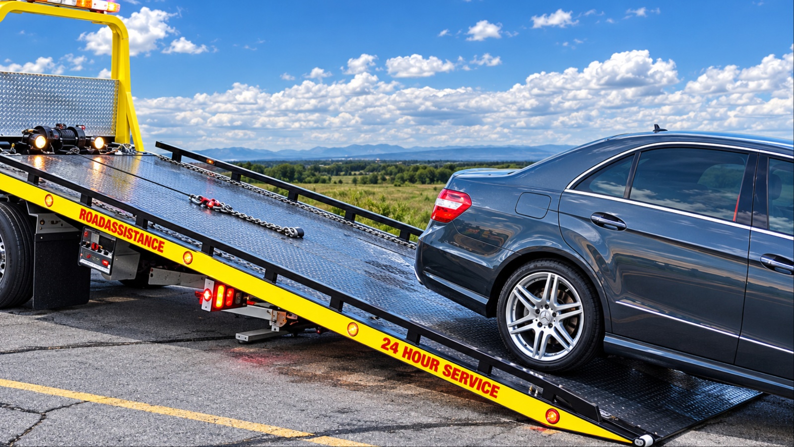 Gray car on yellow tow truck ramp with blue sky
