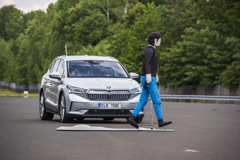 Pedestrian dummy crossing during braking test