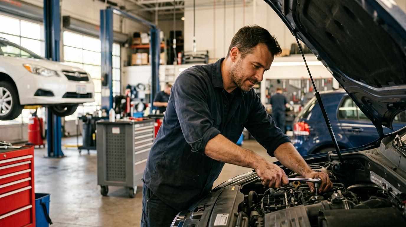 Mechanic repairing a car engine in an auto repair shop