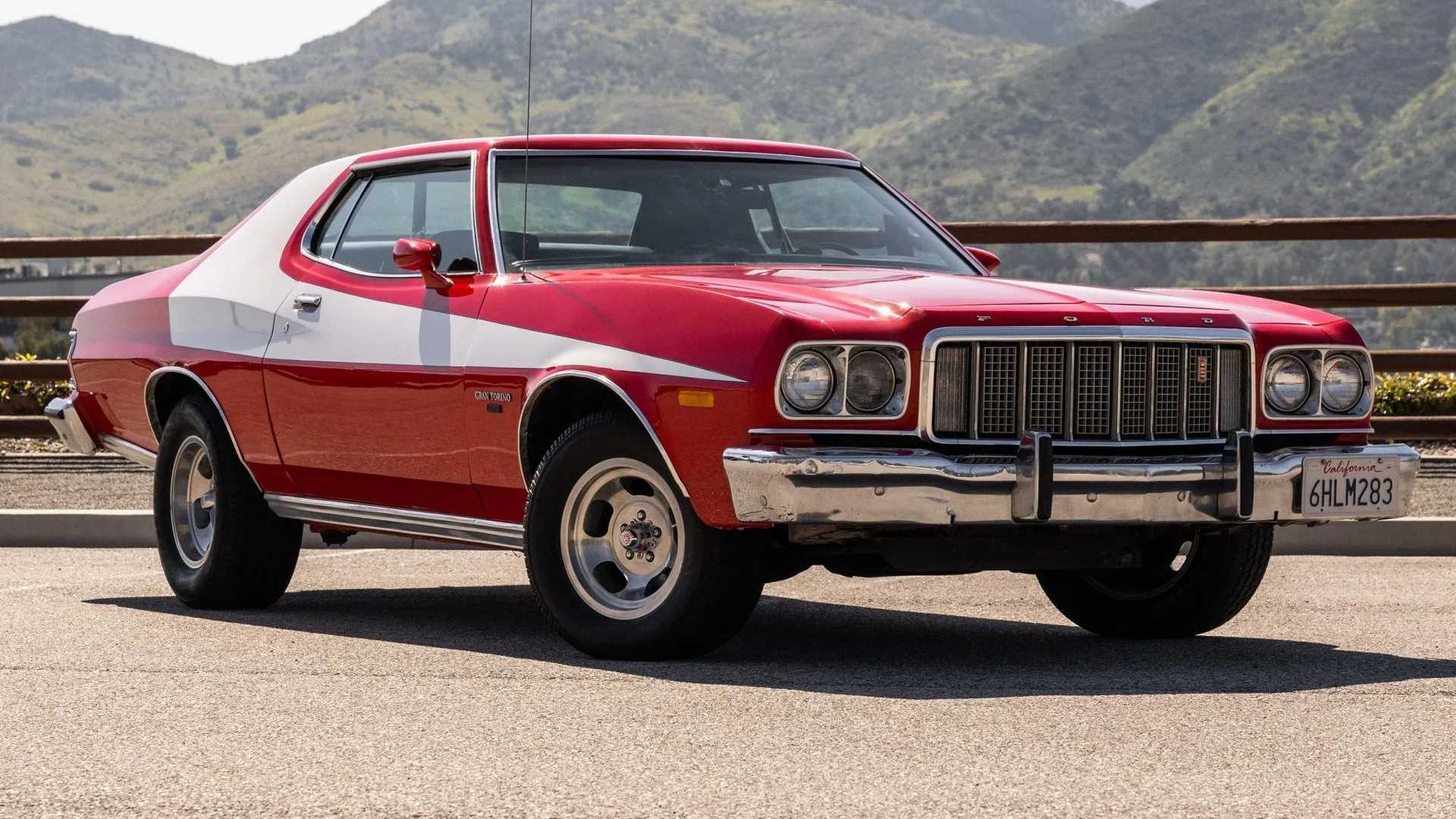1975 Ford Gran Torino Starsky and Hutch tribute car parked beside a scenic mountain road