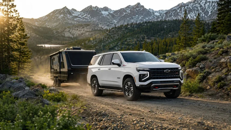 A Tahoe is towing a trailer van on a muddy road out of the city
