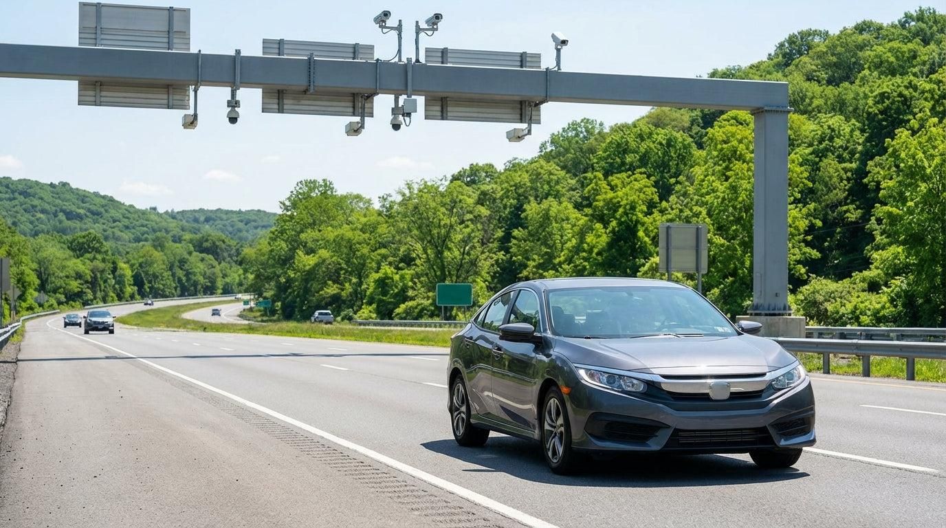 Car passing beneath an electronic highway toll gantry